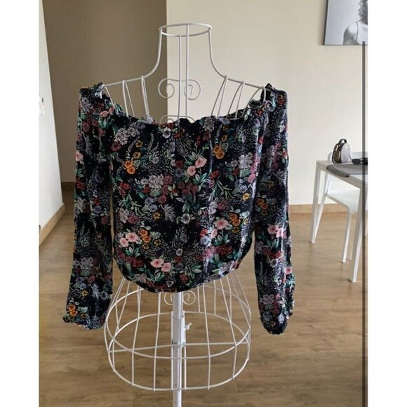 Divided H&M Womens Cropped Off Shoulder Colorful Floral Print Top Sz 4 Small - Picture 2 of 12